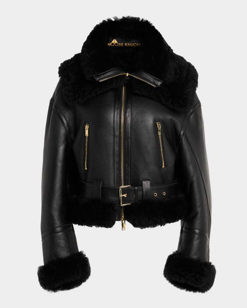 MTD Leather Biker Jacket with Shearling Trim